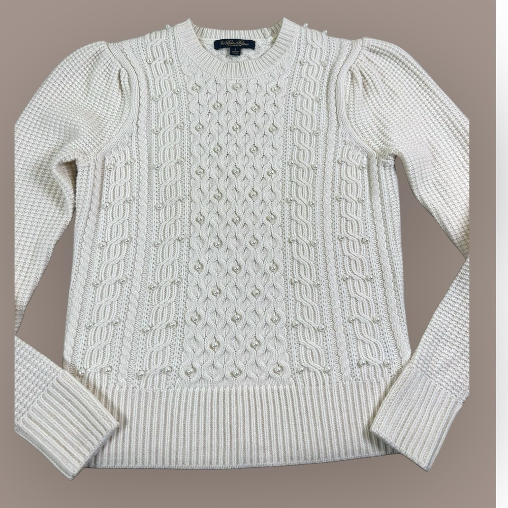 BROOKS BROTHERS Cream Merino Wool Fisherman-Style Cable Knit Pearl Sweater‎ Sz S